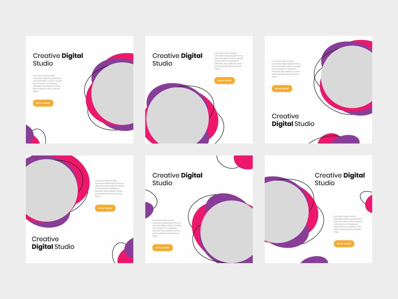conjunto de banner cuadrado mínimo de estudio creativo púrpura y plantilla de alimentación de publicación de redes sociales vector