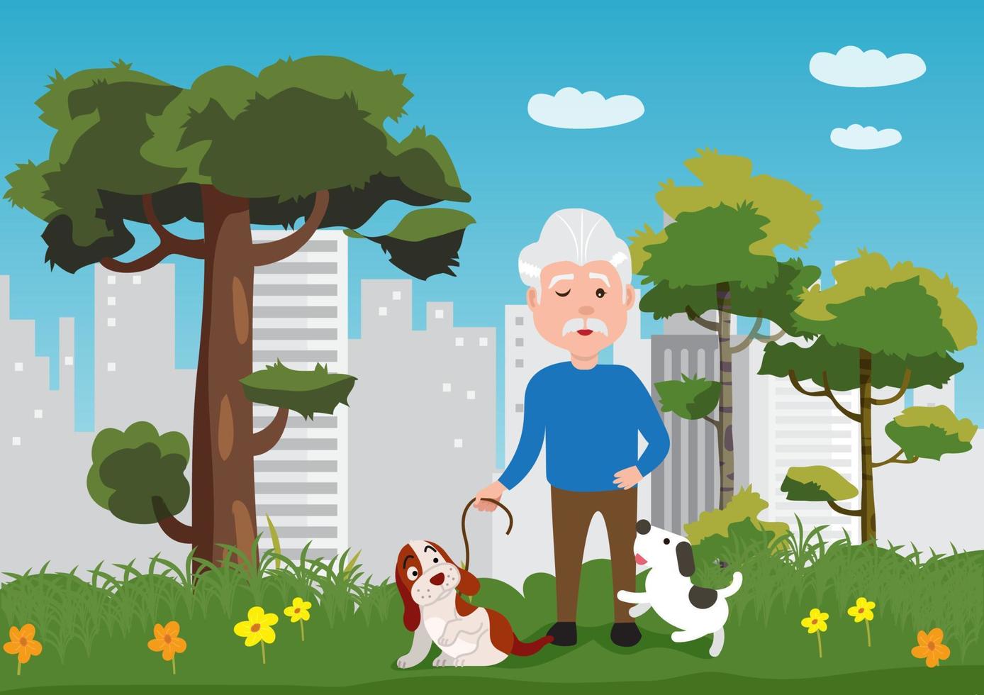 Grandpa took the dog for a walk in the park. Found another little dog holding on to Grandfather's legs, pretending to be cute. vector illustration