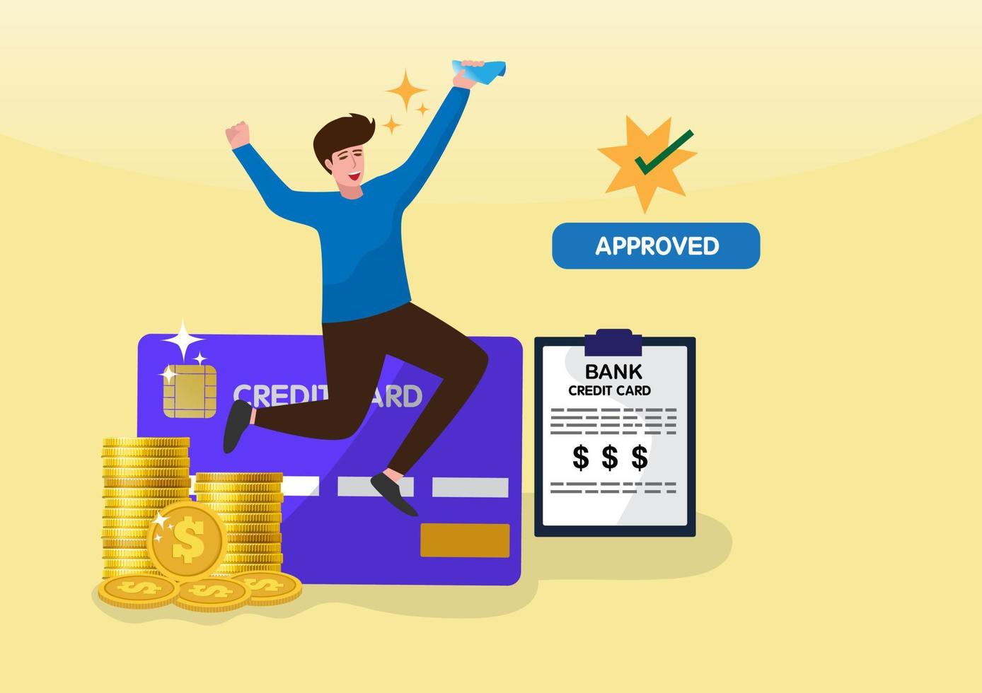 Happy man after approval of credit card form Use credit card forms for financial or bank illustration ideas. vector