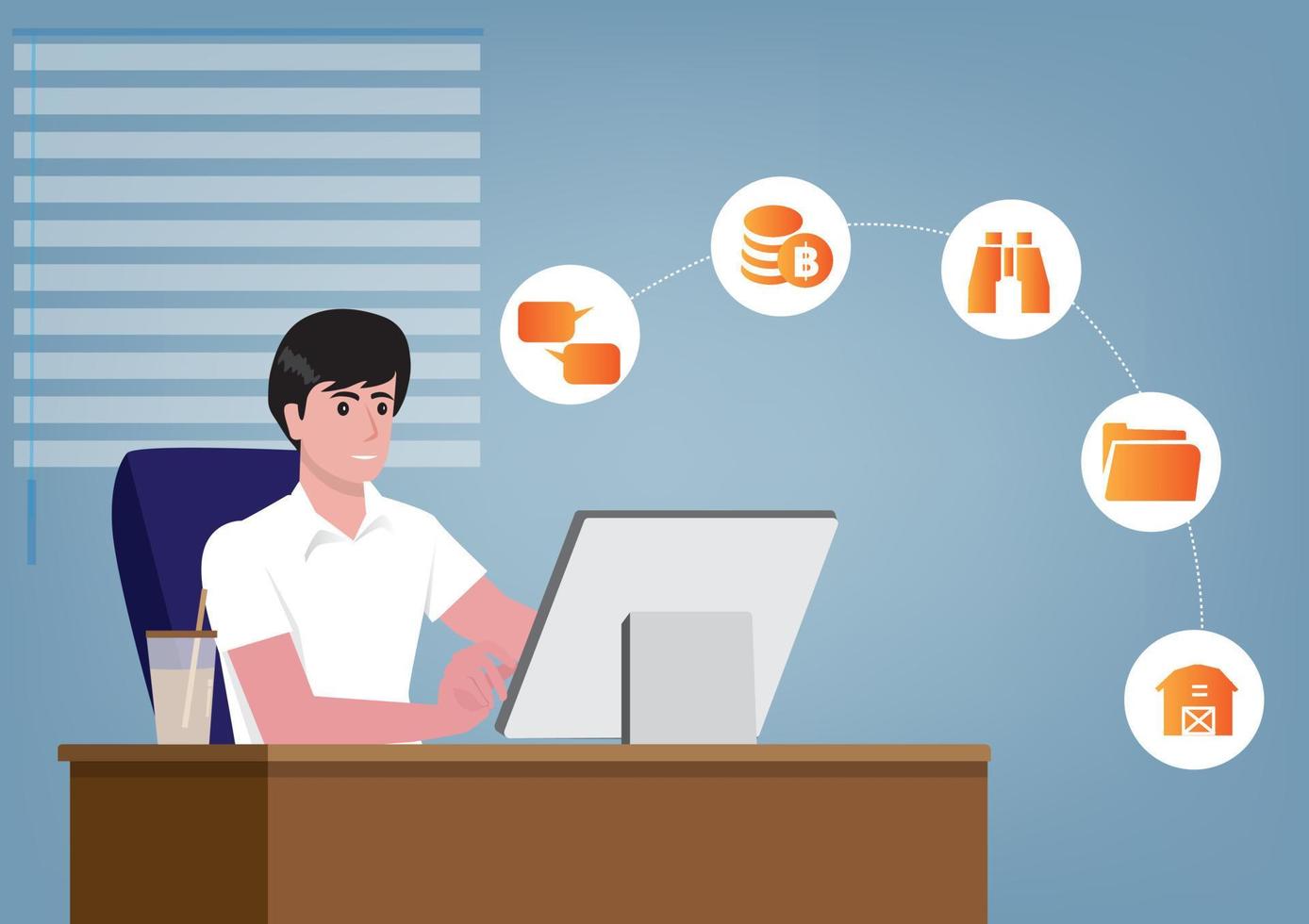 a businessman sitting at a desk with a computer He is planning to do business step by step. flat style modern vector illustration