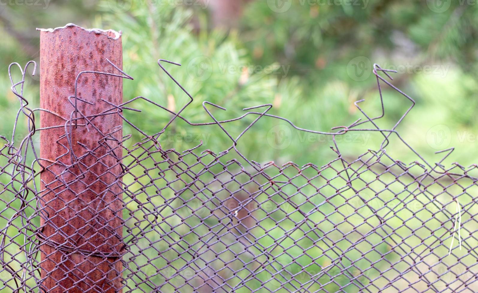 Malla vieja jaula irregular en el jardín y un poste oxidado con hierba verde como fondo. valla metálica con malla de alambre. valla metálica de malla de hierro de acero. fondo abstracto. copie el espacio foto