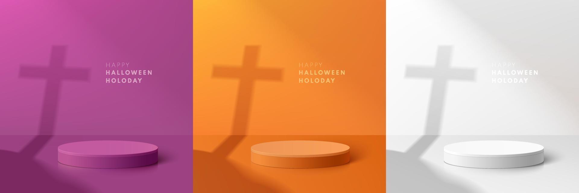 conjunto de podio de pedestal de cilindro 3d realista púrpura, naranja, blanco con silueta de sombra de signo cruzado aislada. feliz escena de halloween para exhibición de productos de maqueta, escaparate de escenario. forma geométrica vectorial. vector