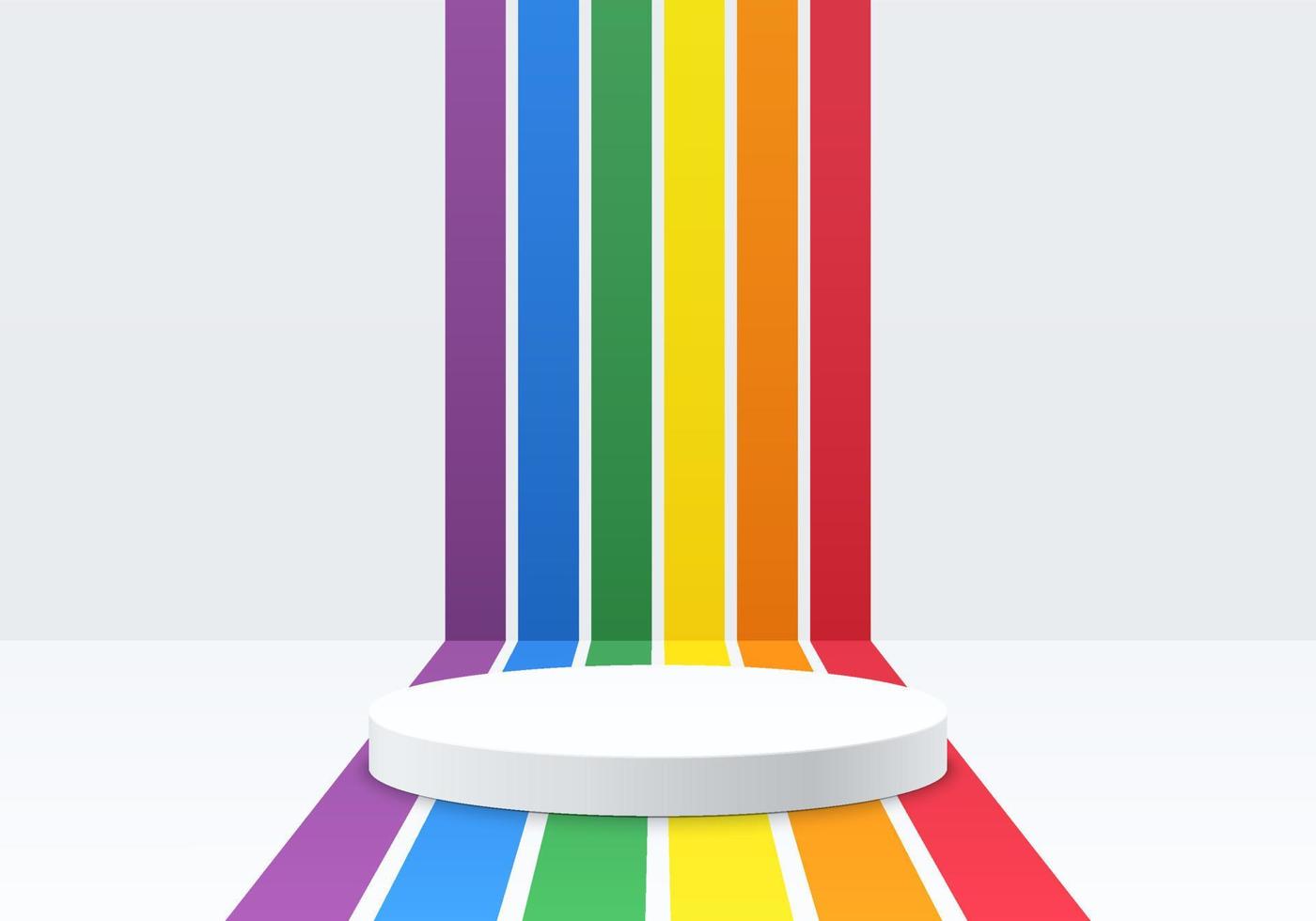 Realistic white cylinder pedestal podium with perspective stripes in rainbow color. Lgbtq concept. Abstract minimal scene for mockup products, stage showcase, promotion display. Vector geometric forms