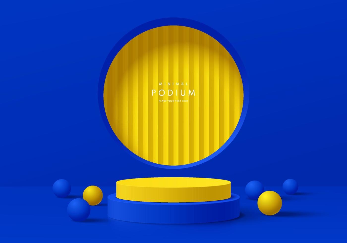 Realistic blue 3D cylinder pedestal podium with yellow window circle shape background and yellow balls. Abstract minimal scene for mockup products display, stage for showcase. Vector geometric forms.