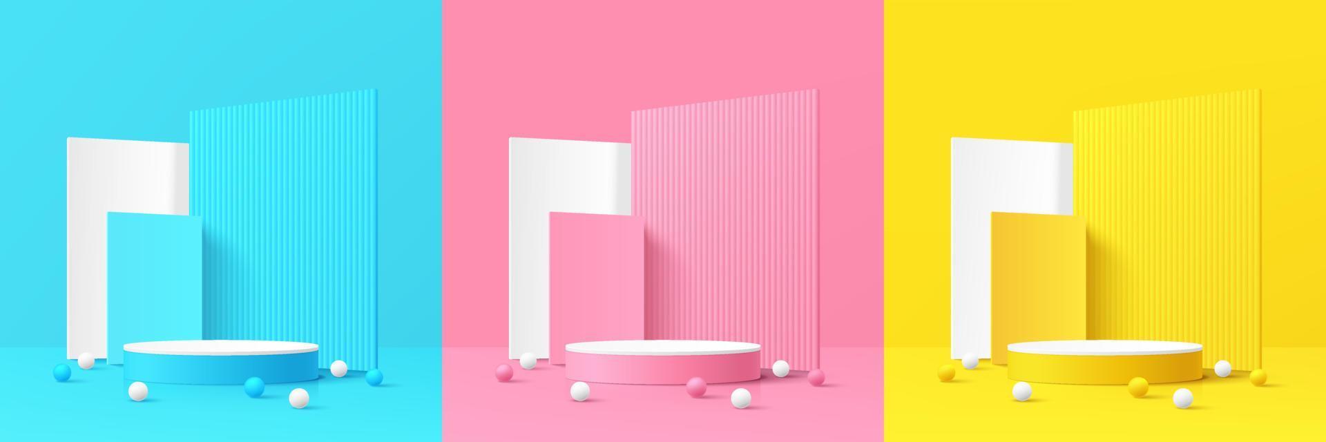 Set of pink, yellow, blue and white realistic 3d cylinder pedestal podium in pastel abstract room with geometric forms background. Minimal wall scene for mockup products display, Stage for showcase. vector