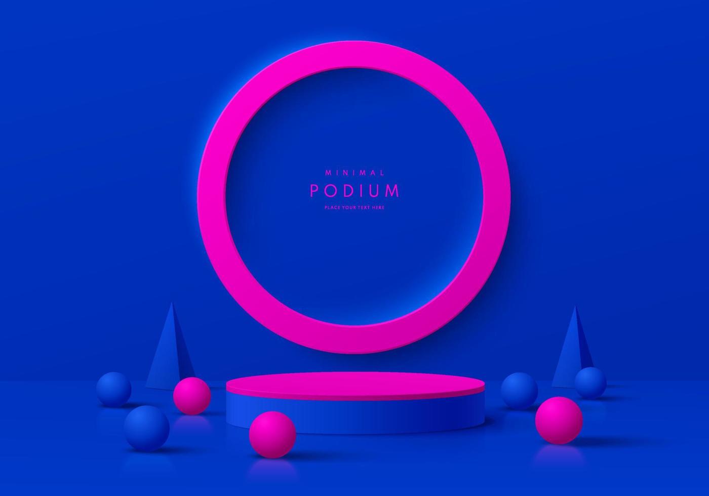 Realistic pink, blue 3D cylinder pedestal podium with geometric forms and vivid pink circle scene background. Abstract minimal wall scene for mockup products display, Stage for showcase. Vector EPS10.