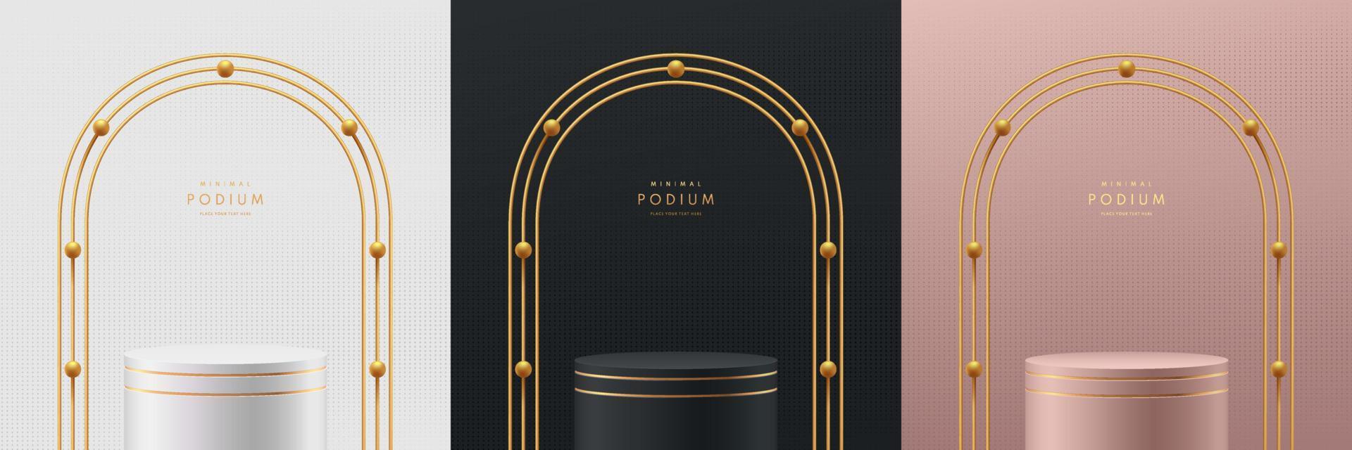 Set of 3D abstract room with stand podium. Black, gold, silver and pink gold geometric forms with golden arch and beads. Luxury scene for mockup products display. Stage Showcase. Vector Illustration.