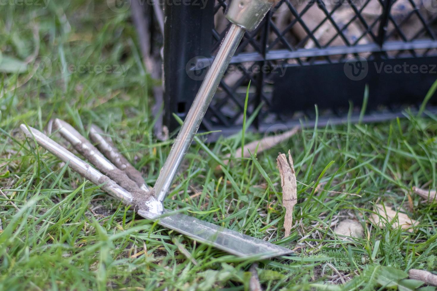 Garden tool rake chopper for gardening on the background of plastic boxes. The concept of gardening and sustainable summer. Metal garden tool with a rake and a hoe on a natural background. photo