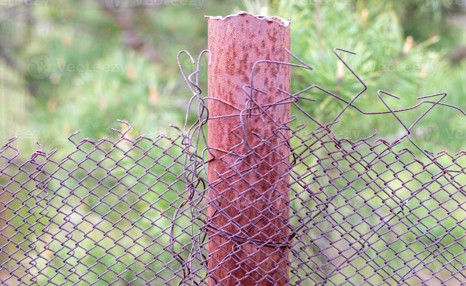 Mesh old ragged cage in the garden and a rusty pole with green grass as a background. Metal fence with wire mesh. Metal fence made of steel iron mesh. Abstract background. copy space. photo