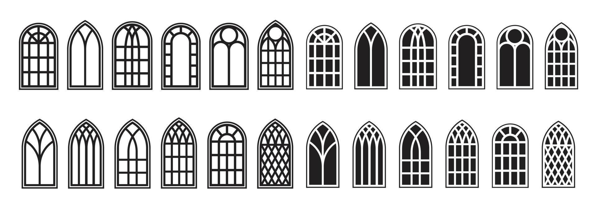 Gothic windows outline set. Silhouette of vintage stained glass church frames. Element of traditional european architecture. Vector illustration