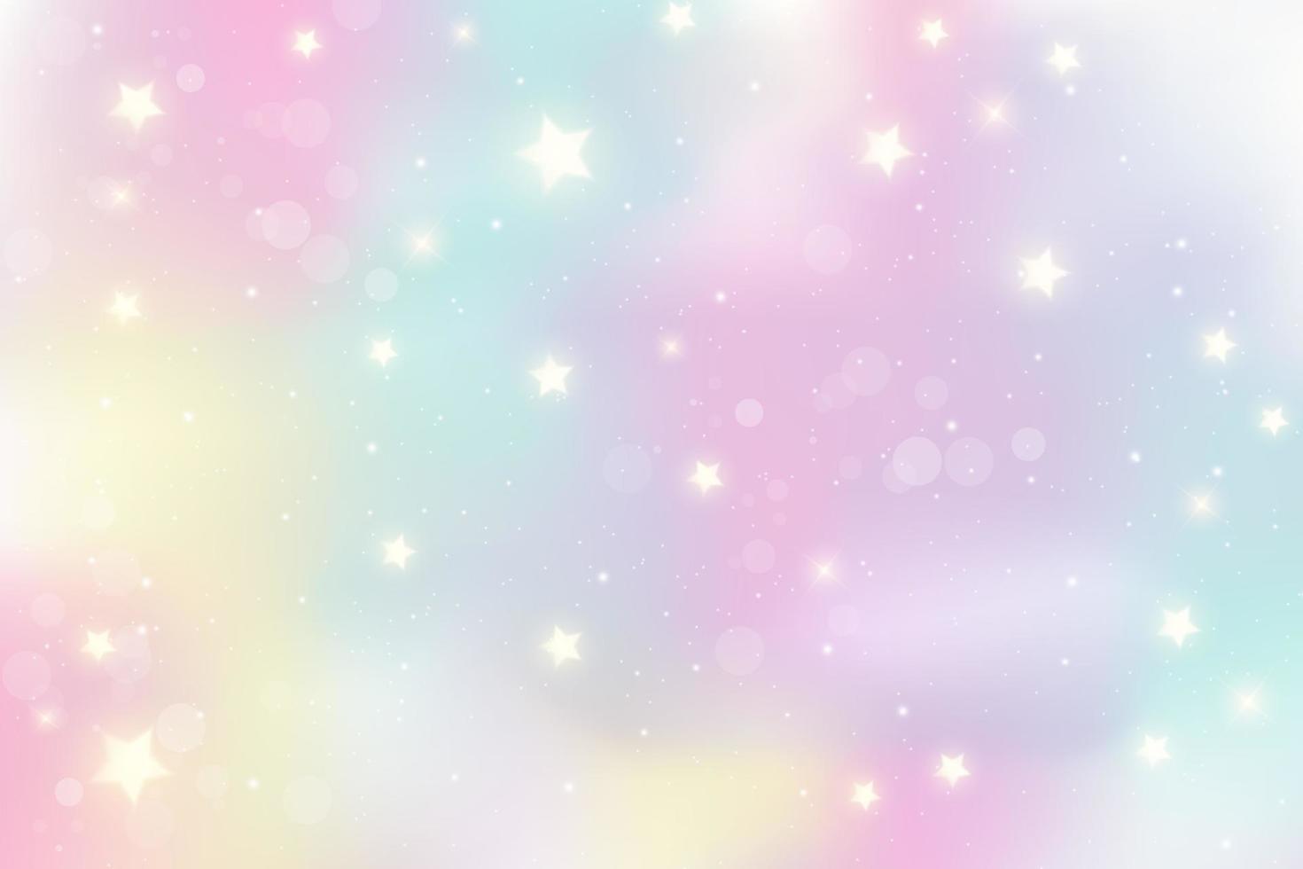 Rainbow unicorn background. Holographic illustration in pastel colors. Cute cartoon girly wallpaper. Bright multicolored sky with stars. Vector illustration