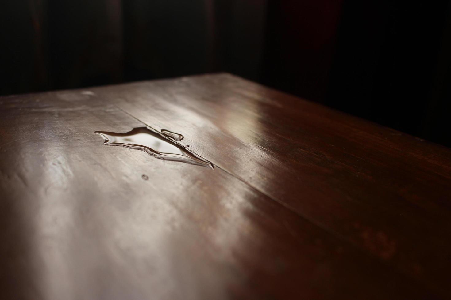 Shallow focus closeup shot of spilled water on a wooden table photo