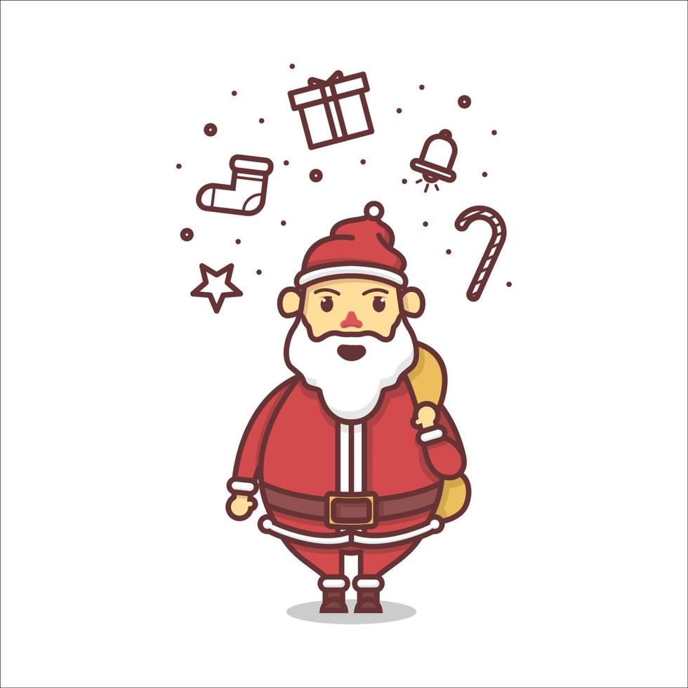 Santa claus cute character with gifts and bag flat illustration vector
