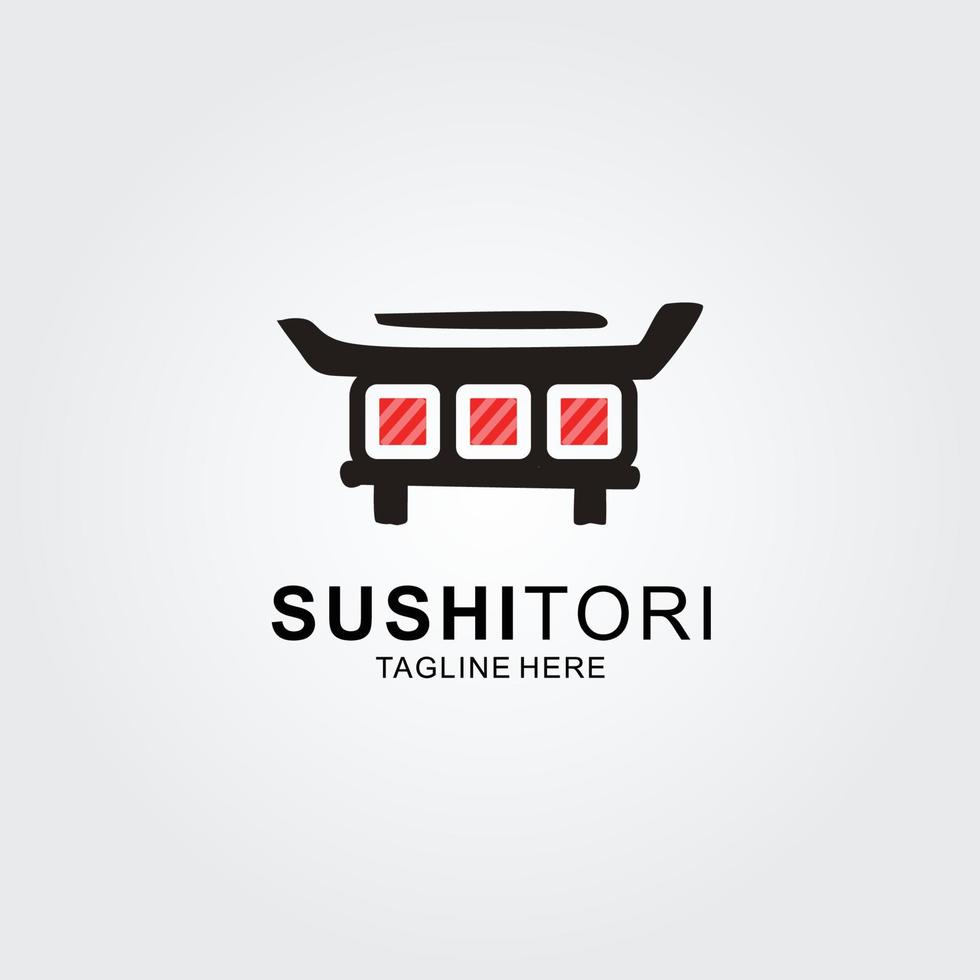 concepto de logotipo de bar japonés con puerta torii y rollo de sushi vector