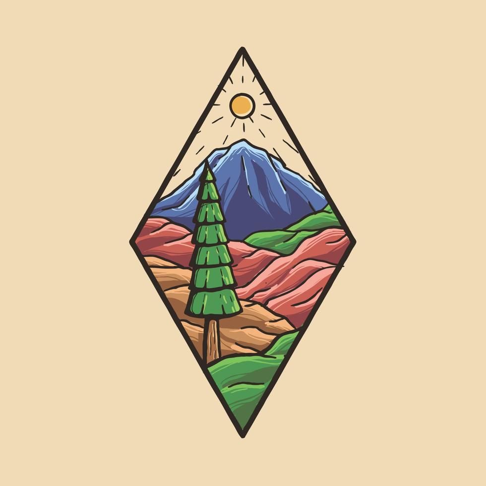 Retro mountain scenery emblem or sticker illustration vector