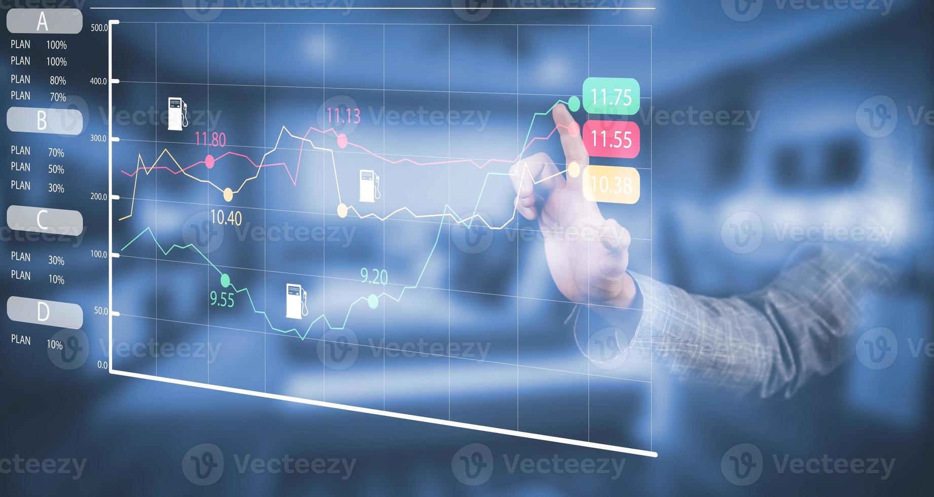 Oil energy graph of the world market, impact on the economic concept, Businessman touch chart with the indicator on the oil price slide at a gas station, fluctuations in oil prices and exchange trade. photo