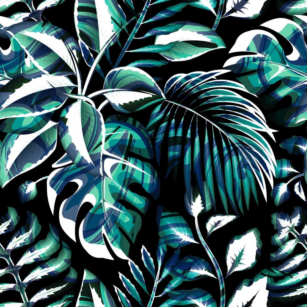 patrón tropical abstracto con follaje de plantas de monstera y coco sobre fondo nocturno. fondo de pantalla de la jungla nocturna. natura decorativa. patrón de la naturaleza trópicos exóticos. diseño de verano vector