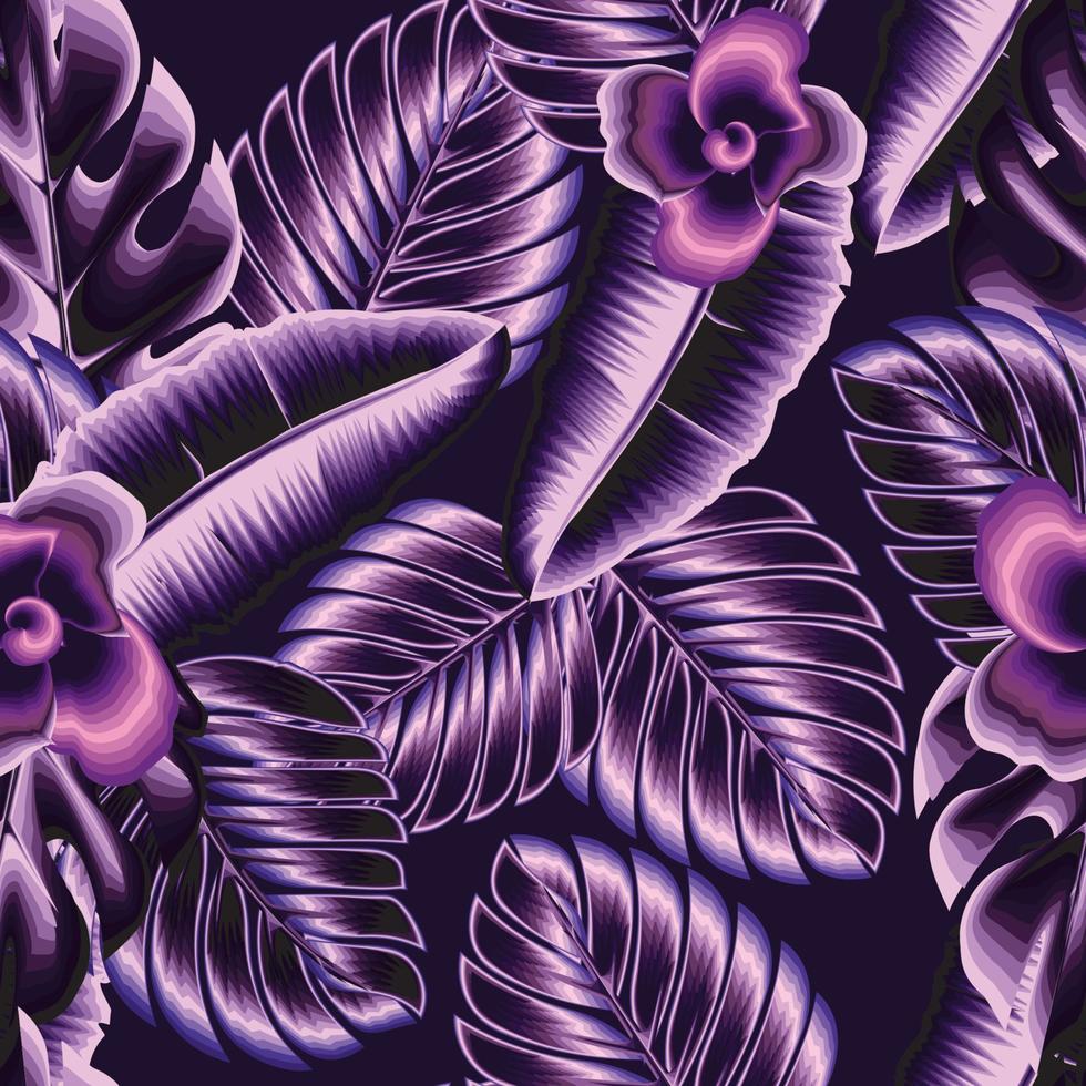 patrón transparente tropical abstracto púrpura con hojas de plátano, plantas de monstera y fondo oscuro de follaje. patrón de diseño natural. papel pintado tropical. fondo floral. diseño de verano. selva exótica vector