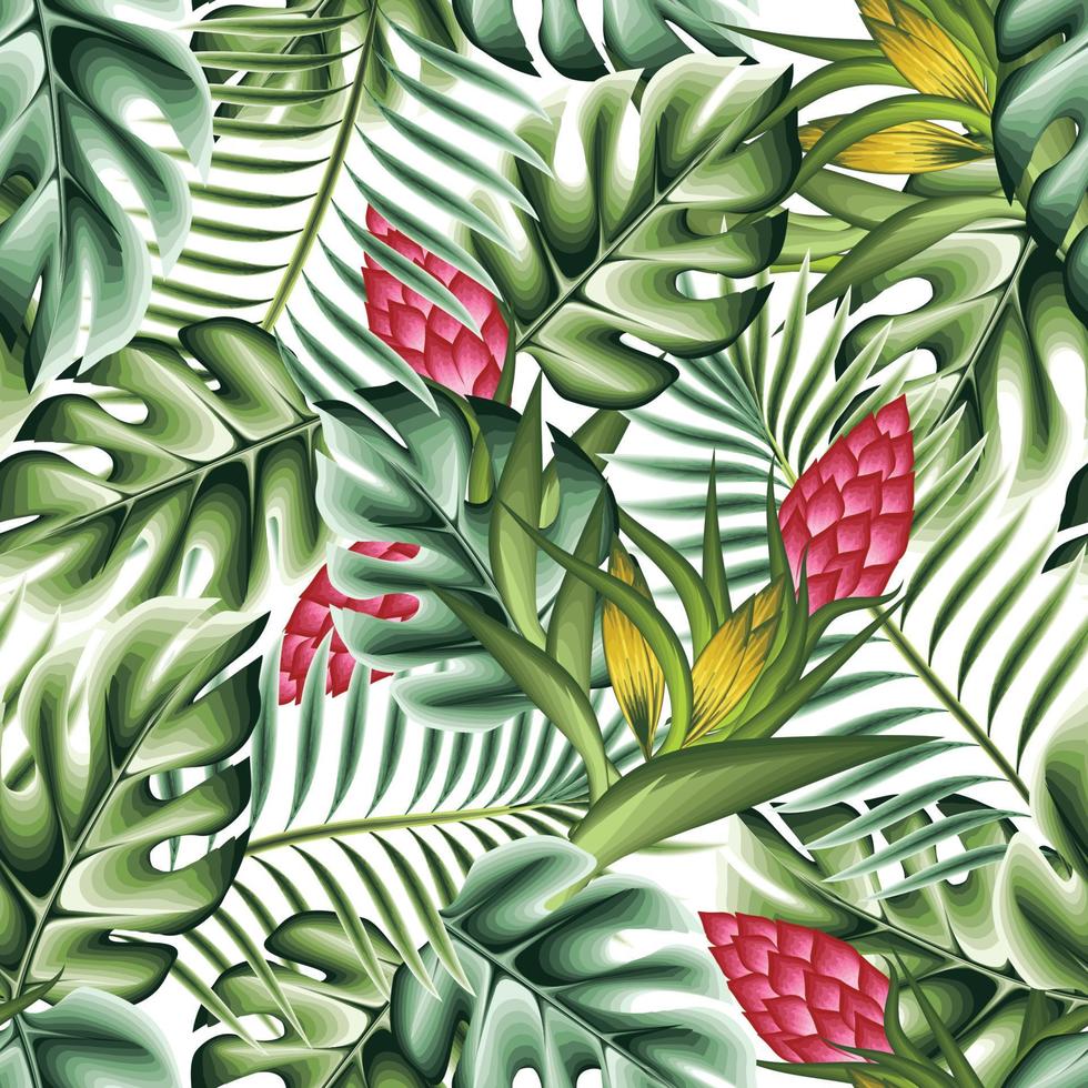 hermoso patrón tropical sin costuras con hojas de palma verde y hojas de plantas de monstera sobre fondo blanco. fondo floral. papel pintado tropical. patrón de flores. naturaleza decorativa vector