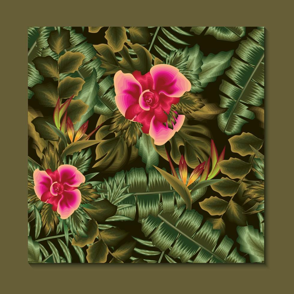 patrón transparente hawaiano colorido de verano con plantas y flores tropicales, ilustración vectorial. patrón tropical transparente de moda. trópicos exóticos. diseño de verano. estampado de selva y textil vector