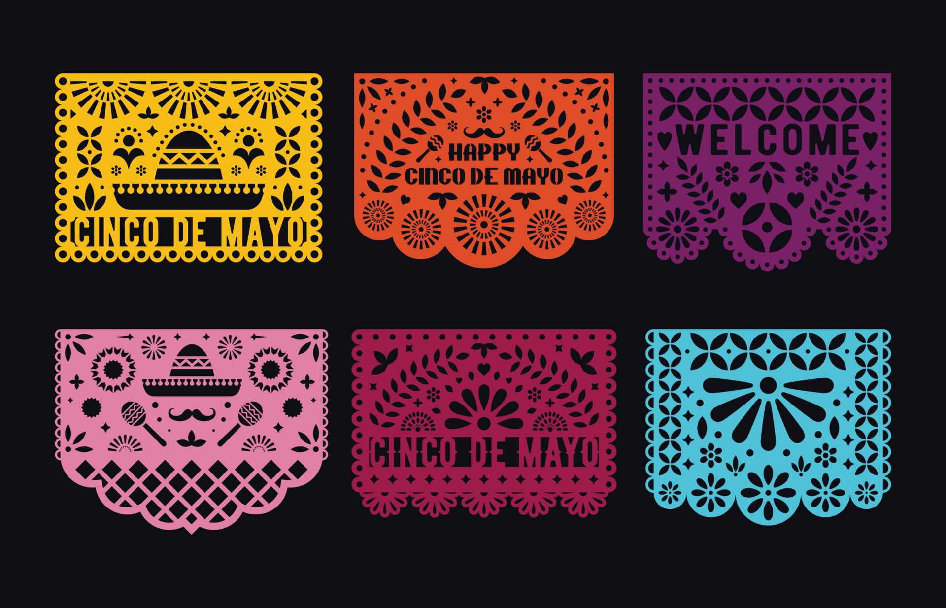 Vector Papel Picado cards set. Mexican paper decorations for party
