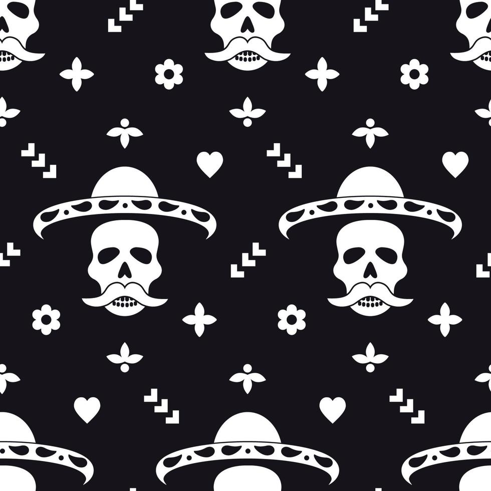 Seamless pattern with skull in sombrero and decorative elements. vector