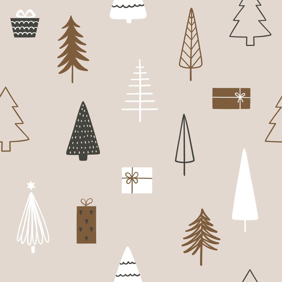 Christmas season vector seamless pattern with fir trees and gift boxes.