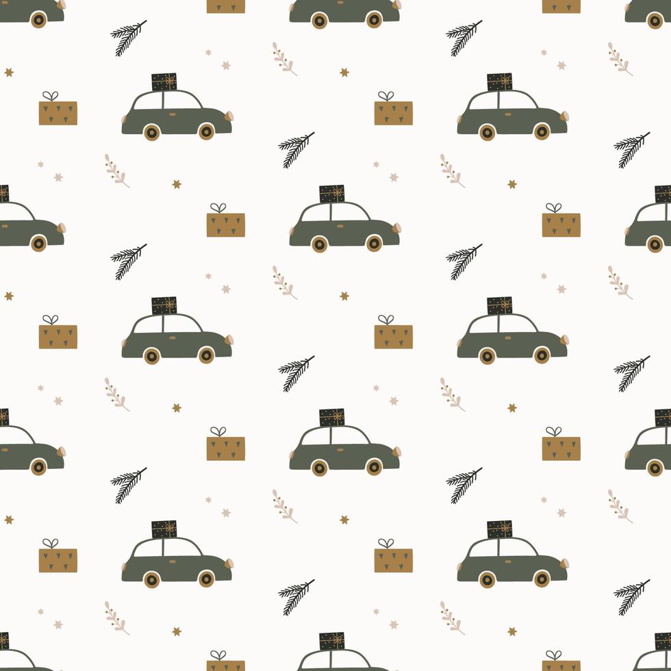 Hand drawn seamless pattern with car, gift boxes and fir branches. vector