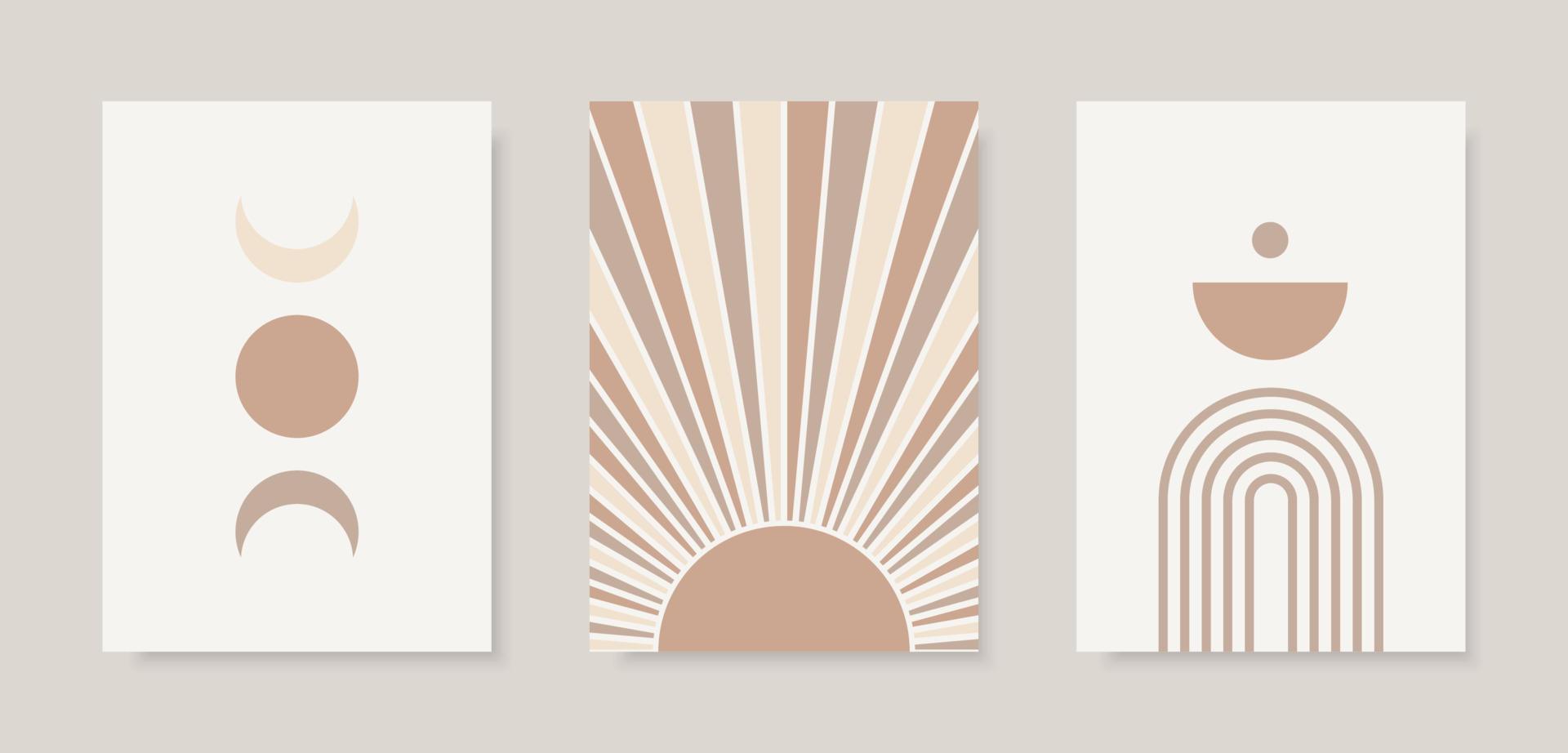 Trendy set of Moon Phases, Arch and abstract Sun prints in pastel colors. vector