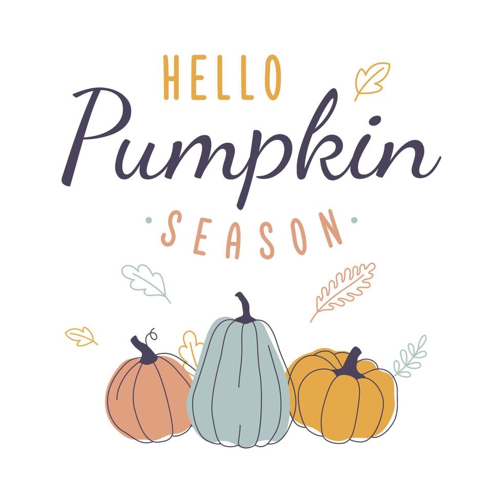 hola temporada de calabaza. diseño retro de otoño con texto, calabazas y hojas. vector