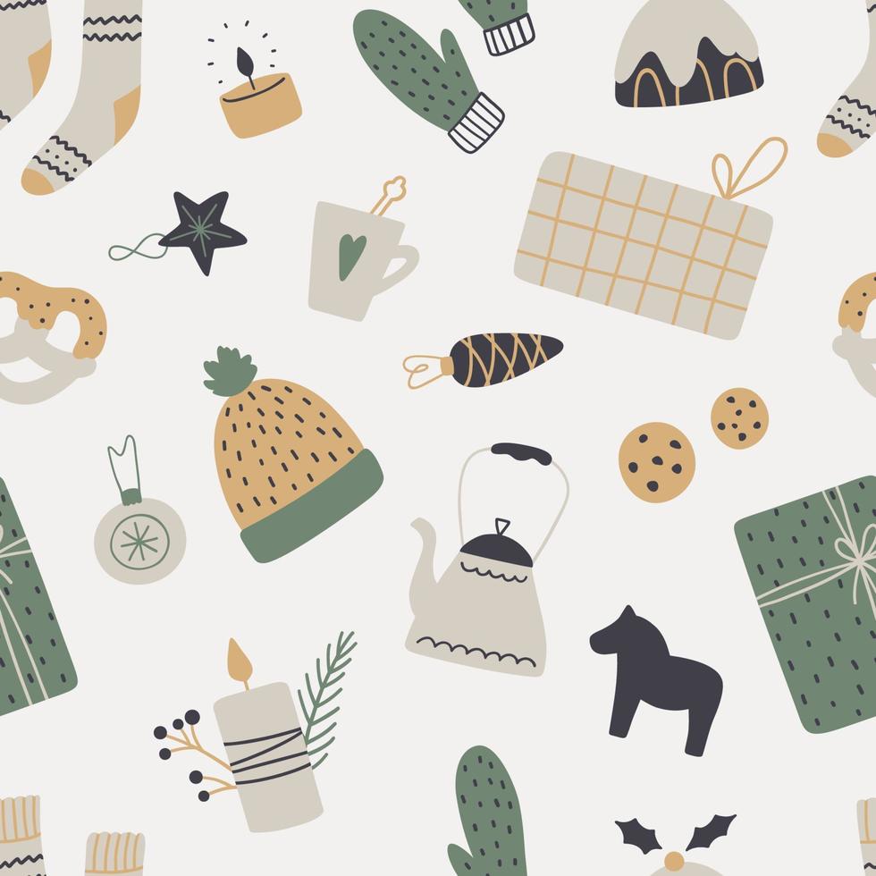 Cozy Christmas seamless pattern in scandinavian style. Winter season texture. vector