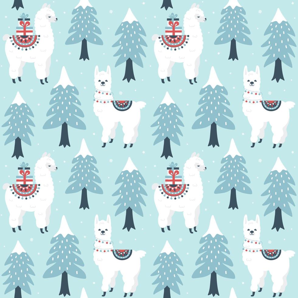 Christmas tree and cute lama with gift boxes seamless pattern on light blue background. vector