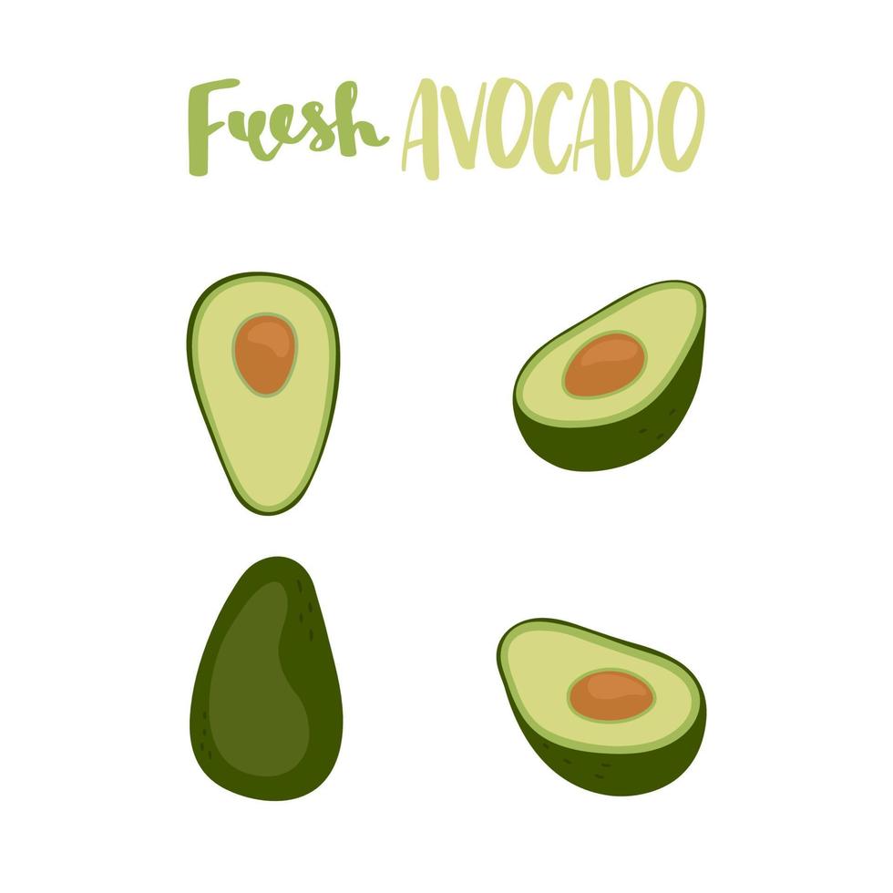 Cute set with cartoon half avocado and whole of fresh avocado. vector