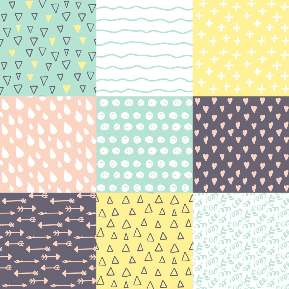 Set with 9 hand drawn doodle brightly colors seamless patterns. vector