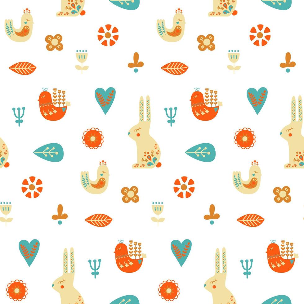 Folk art seamless pattern with rabbit, bird and decorative elements. vector