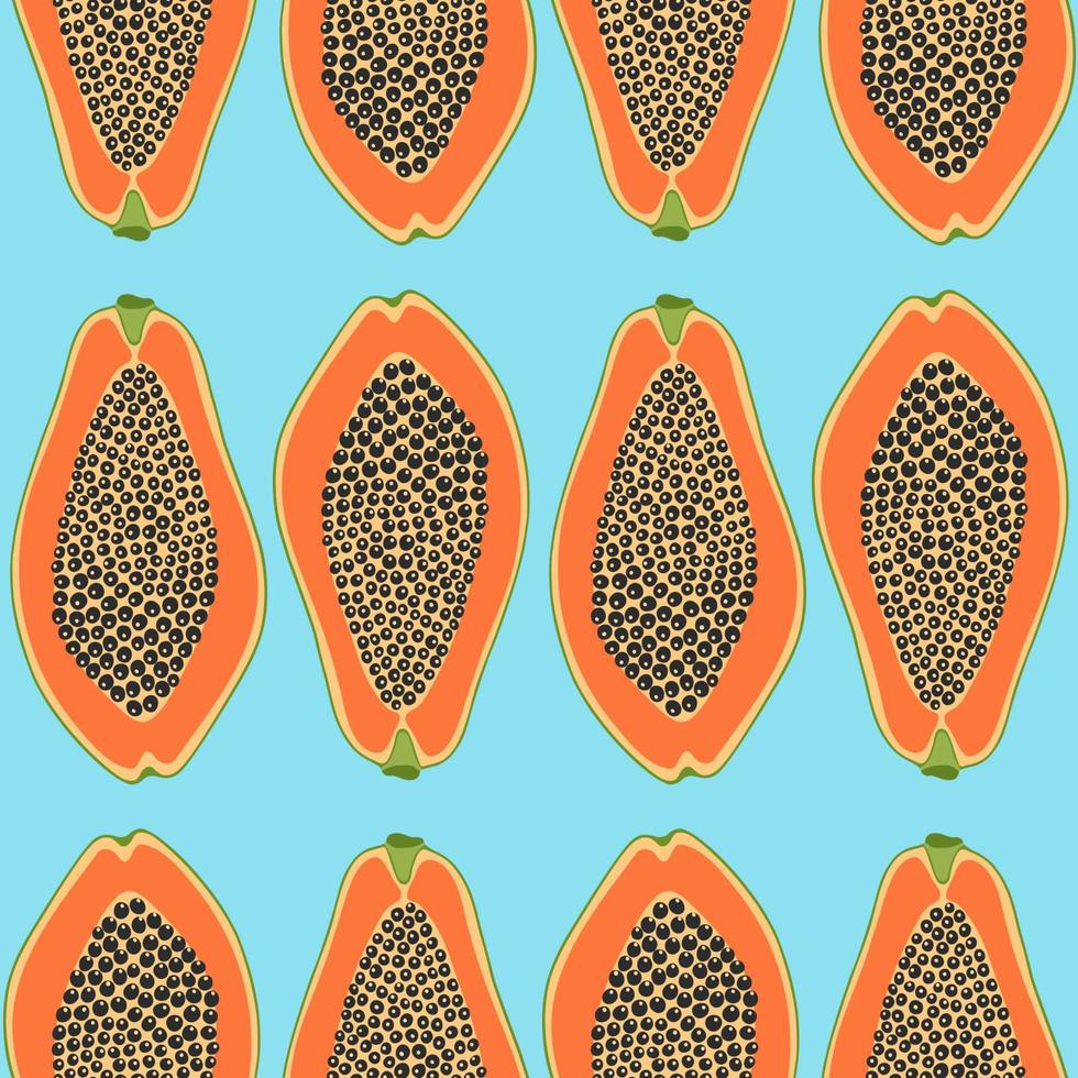 Hand drawn seamless pattern with papayas in orange on blue background. vector