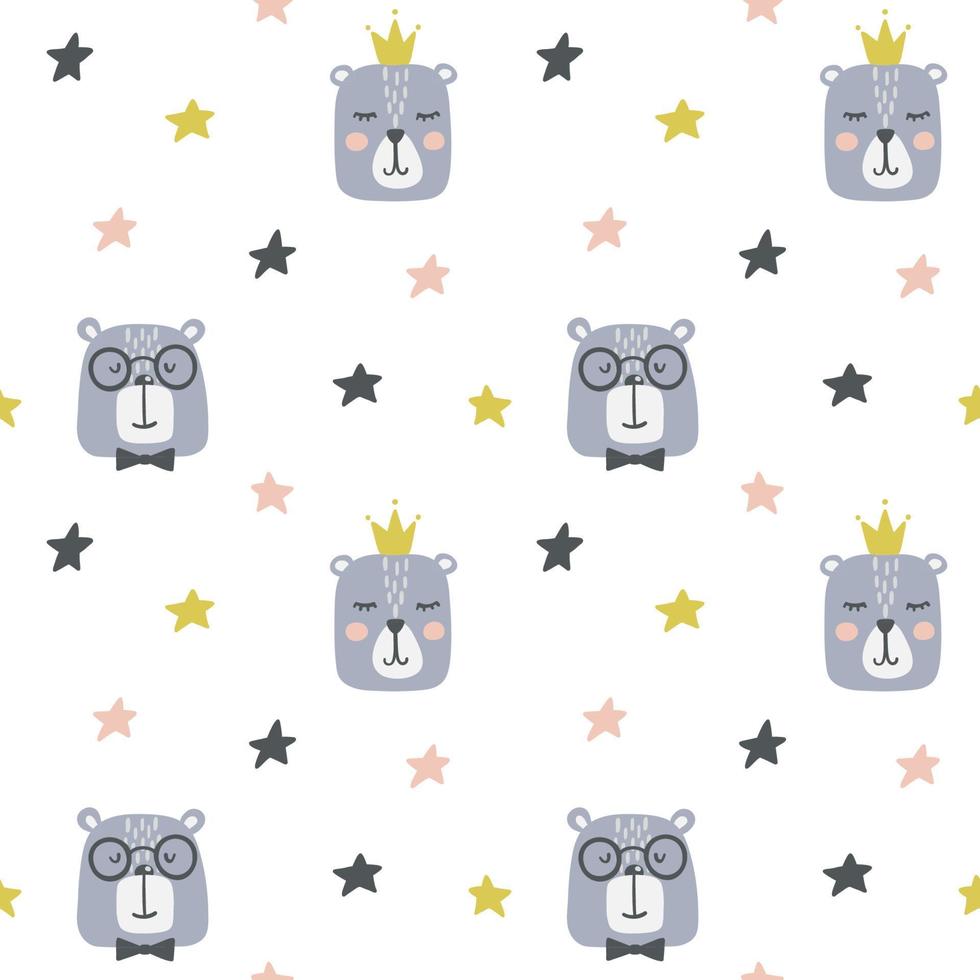 Seamless childish pattern with cute bears and stars. vector