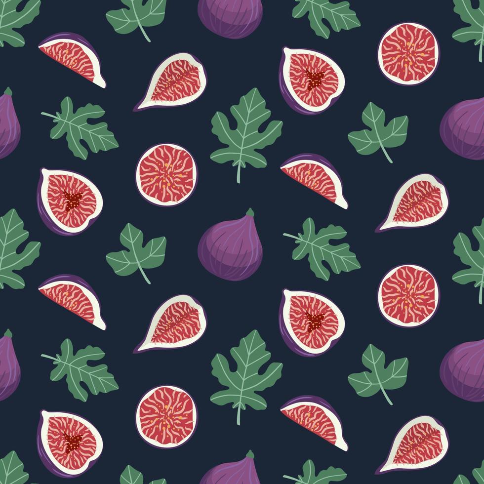 Seamless pattern with figs and leaves on a dark blue background. vector