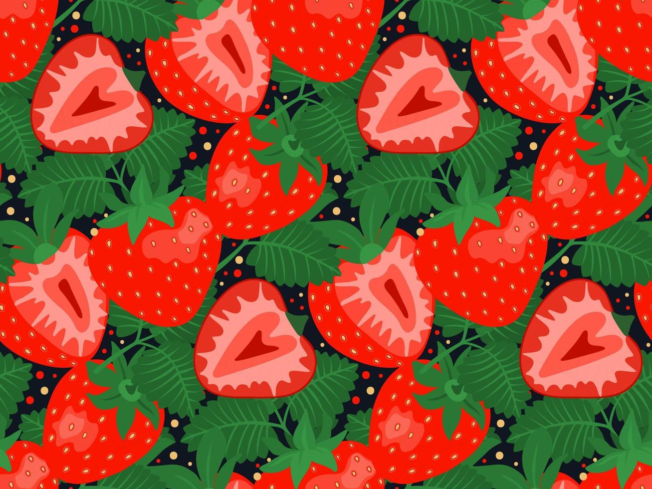 Seamless pattern with strawberries and leaves on dark background. vector
