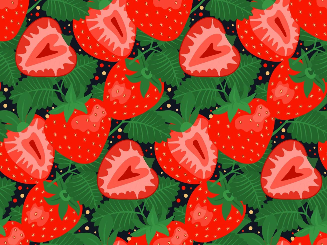 patrón sin costuras con fresas y hojas sobre fondo oscuro. vector