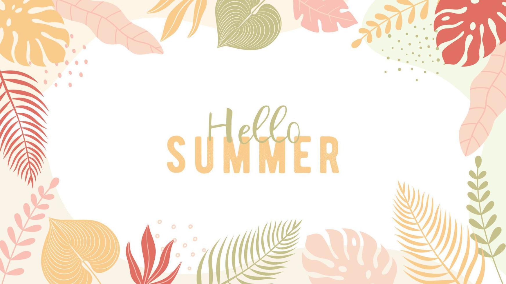 banner de verano de moda en estilo plano simple con espacio de copia para texto. fondo con plantas y hojas de colores. vector