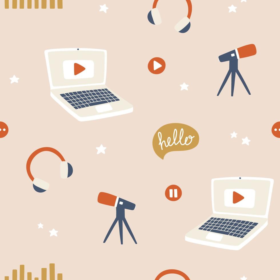 Podcast seamless pattern. Vector background for blogging, vlogging and live streaming.