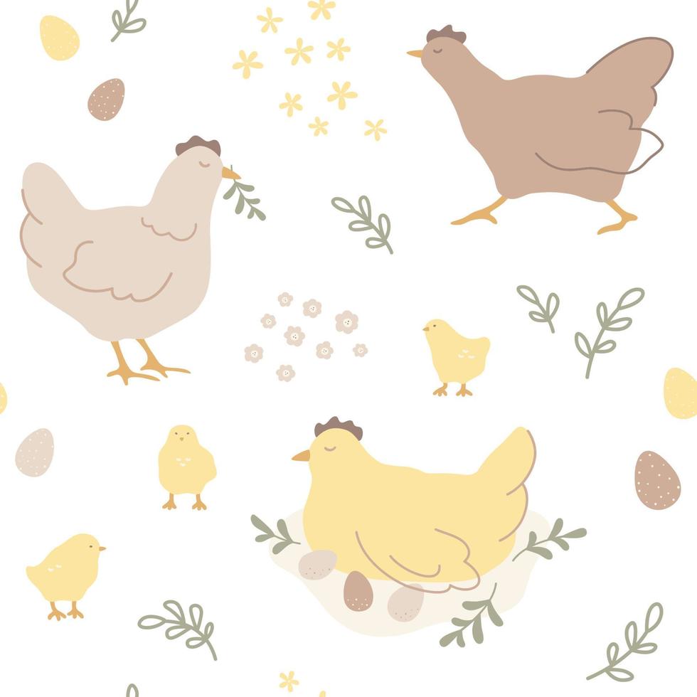 Vector hand-drawn Easter collection with chickens, chicks, easter eggs and leaves in scandinavian style.