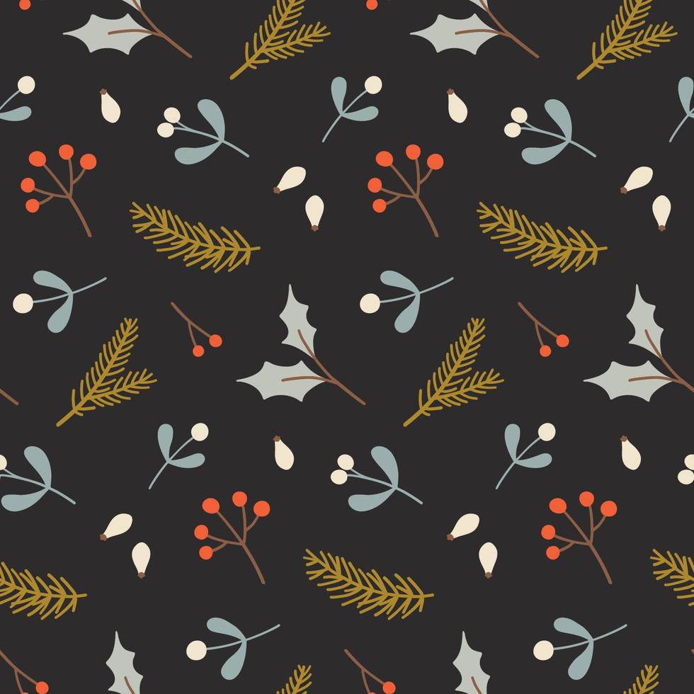 Winter seamless pattern with berries, leaves, and fir branches. vector