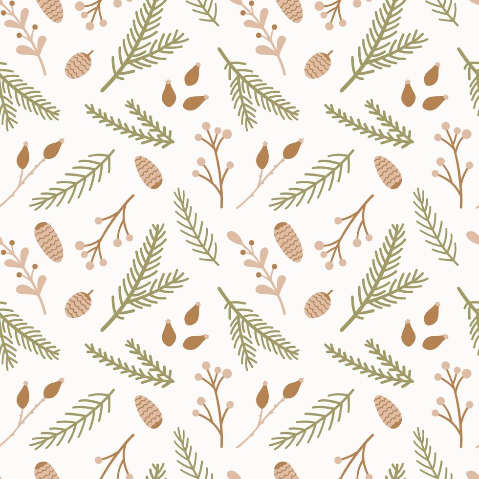 Seamless pattern with Christmas tree branches, pine cone, twigs and berries. vector