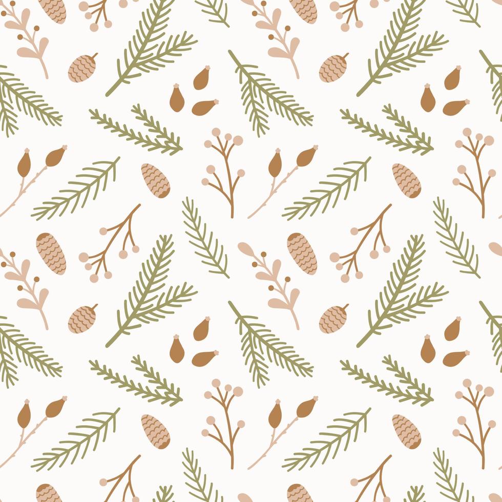 Seamless pattern with Christmas tree branches, pine cone, twigs and berries. vector