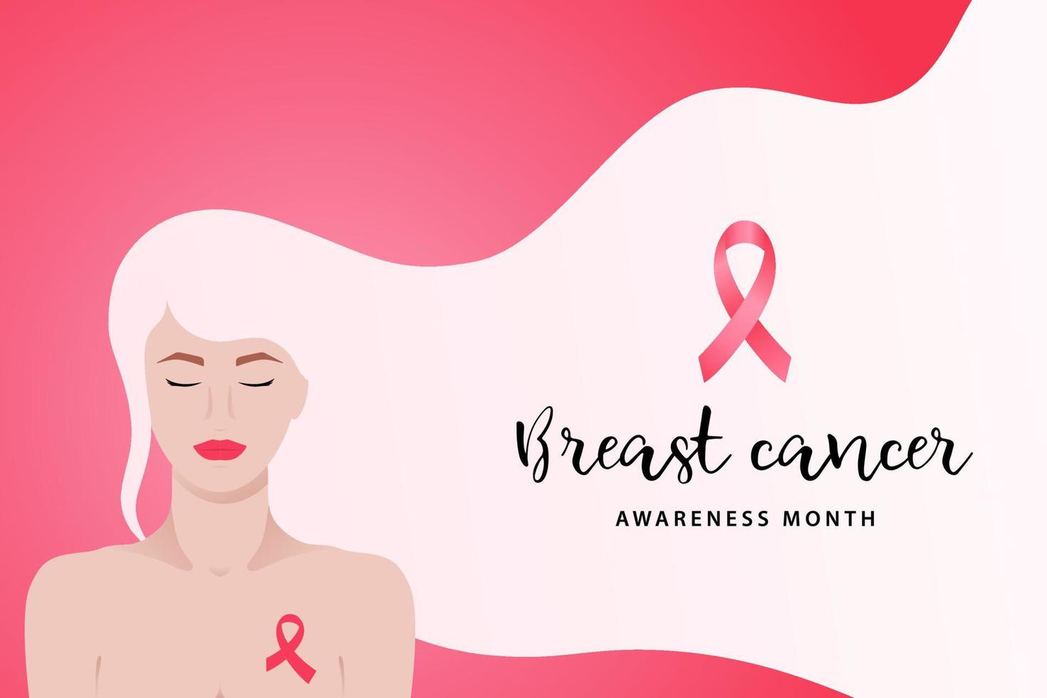 pancarta del mes de concientización sobre el cáncer de mama con mujer joven y cinta rosa. vector