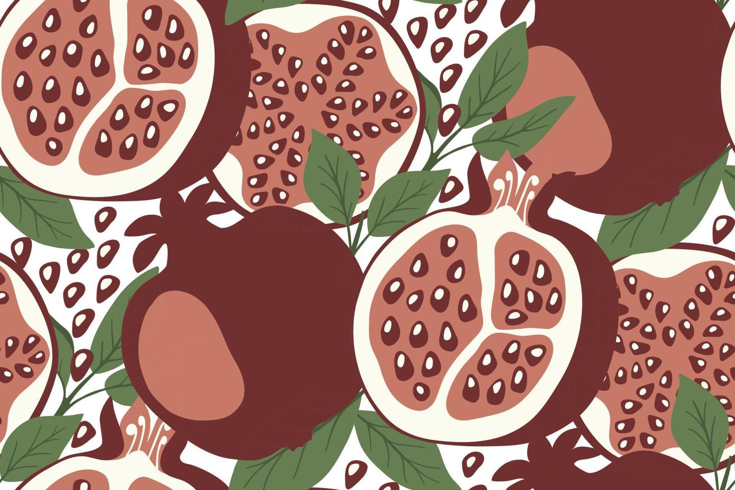 Vector seamless pattern with pomegranates, seeds and leaves.