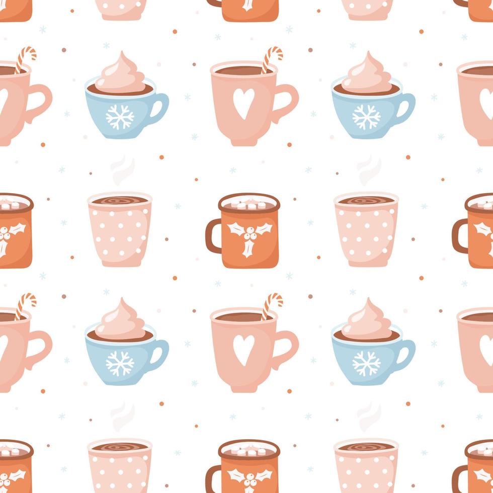 Seamless pattern with cute cocoa cups and marshmallows. vector