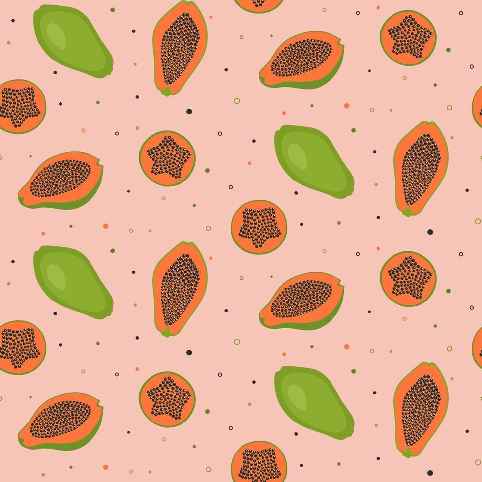 Tropical pattern with sliced papaya. Seamless print with exotic fruit. Colorful textile texture. vector